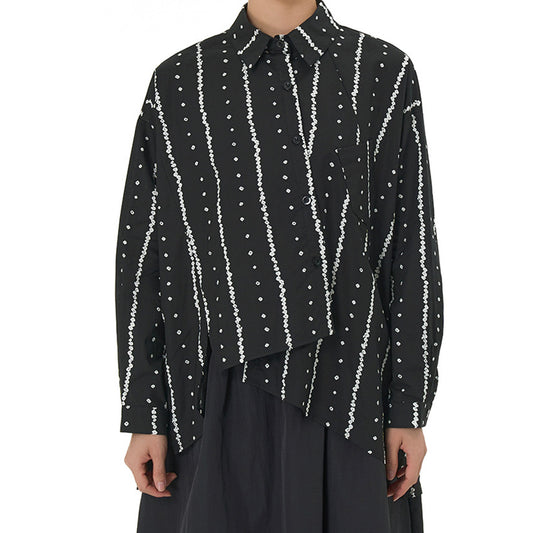 Elegant Dotted Stripe Pattern 100% Cotton Asymmetric Long Sleeves Shirt Available in Two Colours