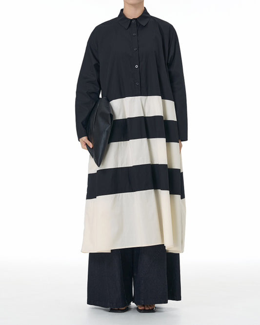 Nordic Style Contrast Colors 100% Cotton Modern Loose Fit Long Sleeves Dress