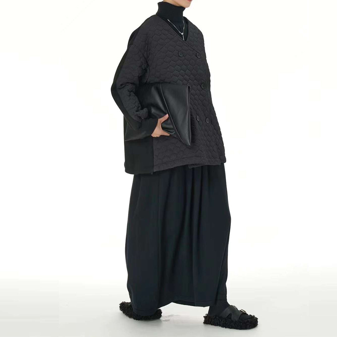 V Neck Pleated Fabric Quilt Oversize Coat