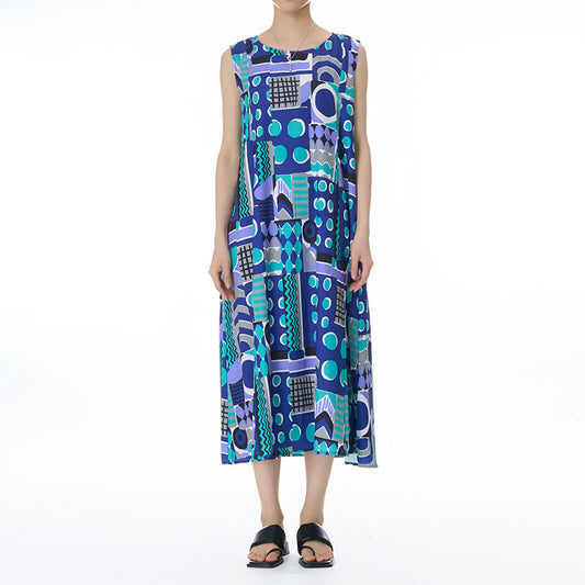 Colourful Geometry Pattern Sleeveless Loose Fit Dress Available in Two Colours