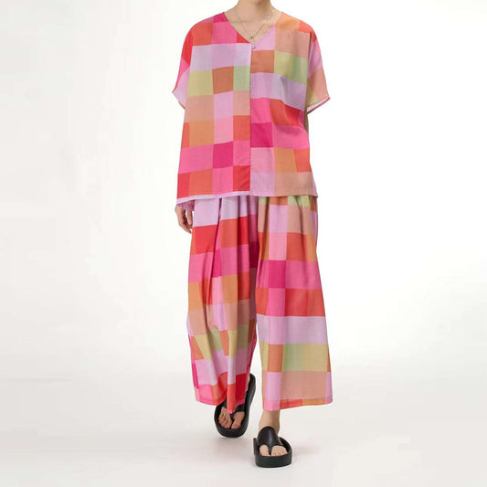 Colourful Grids Pattern Top Matching Pants Available