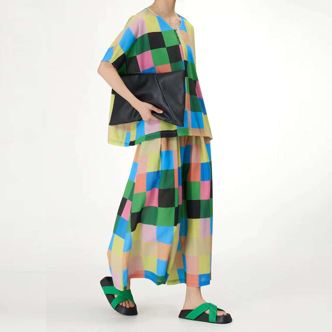 Colourful Grids Pattern Top Matching Pants Available