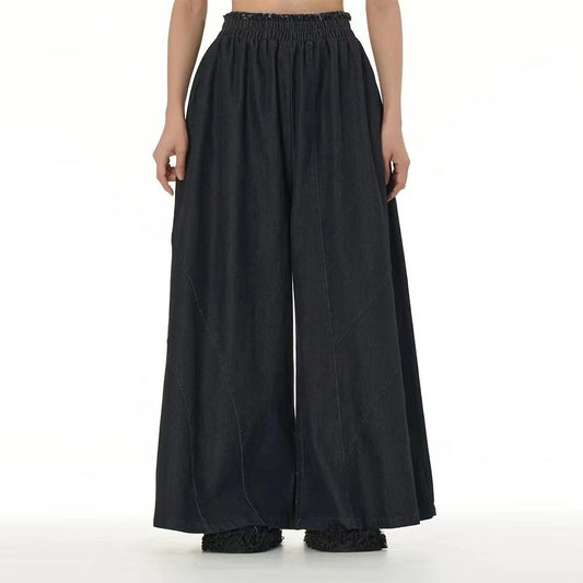 Heavily Constructed Patchwork Denim Wide-Leg Pants with Distressed Raw-Edge Waistline