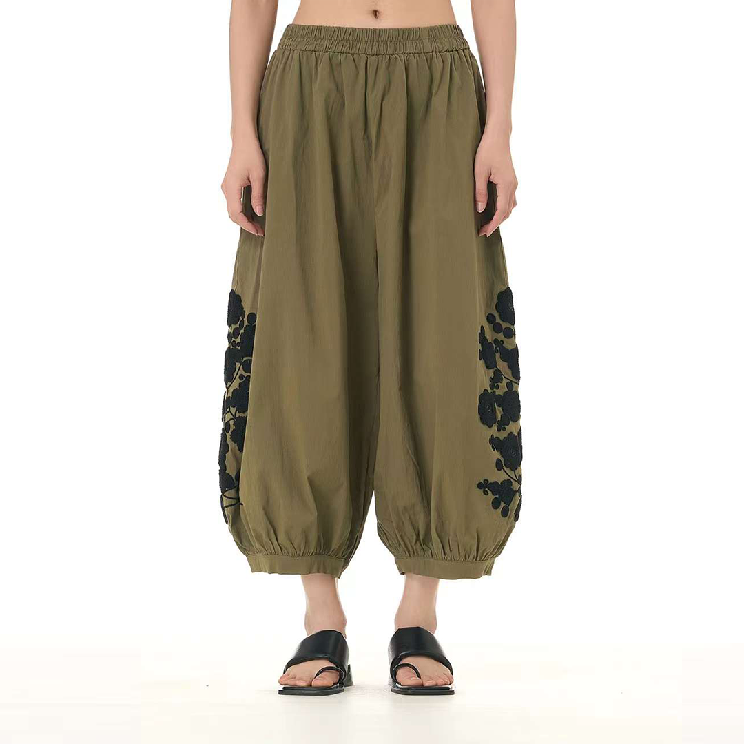 Elegant Embroidered Cropped Hemp Pants Available in Three Colours