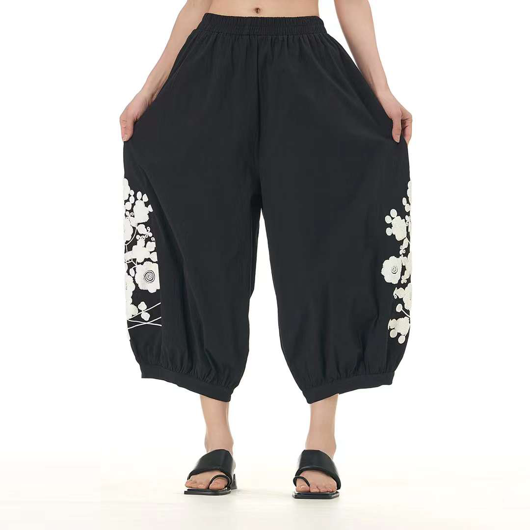 Elegant Embroidered Cropped Hemp Pants Available in Three Colours