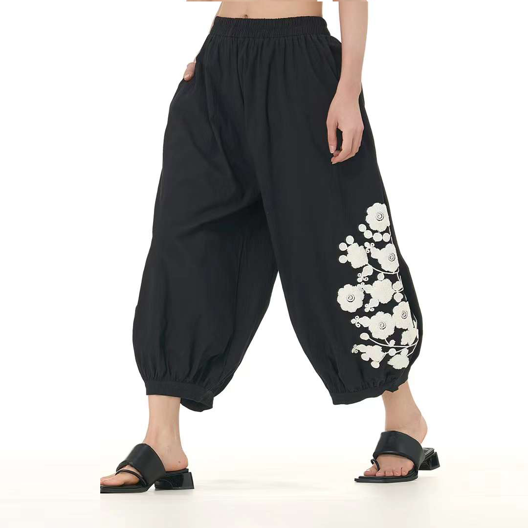 Elegant Embroidered Cropped Hemp Pants Available in Three Colours