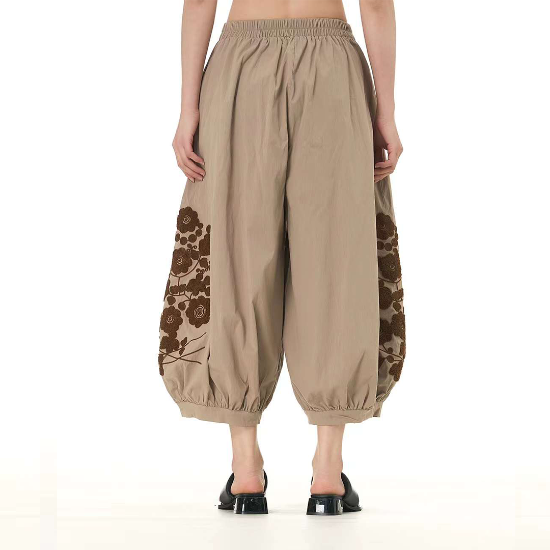 Elegant Embroidered Cropped Hemp Pants Available in Three Colours