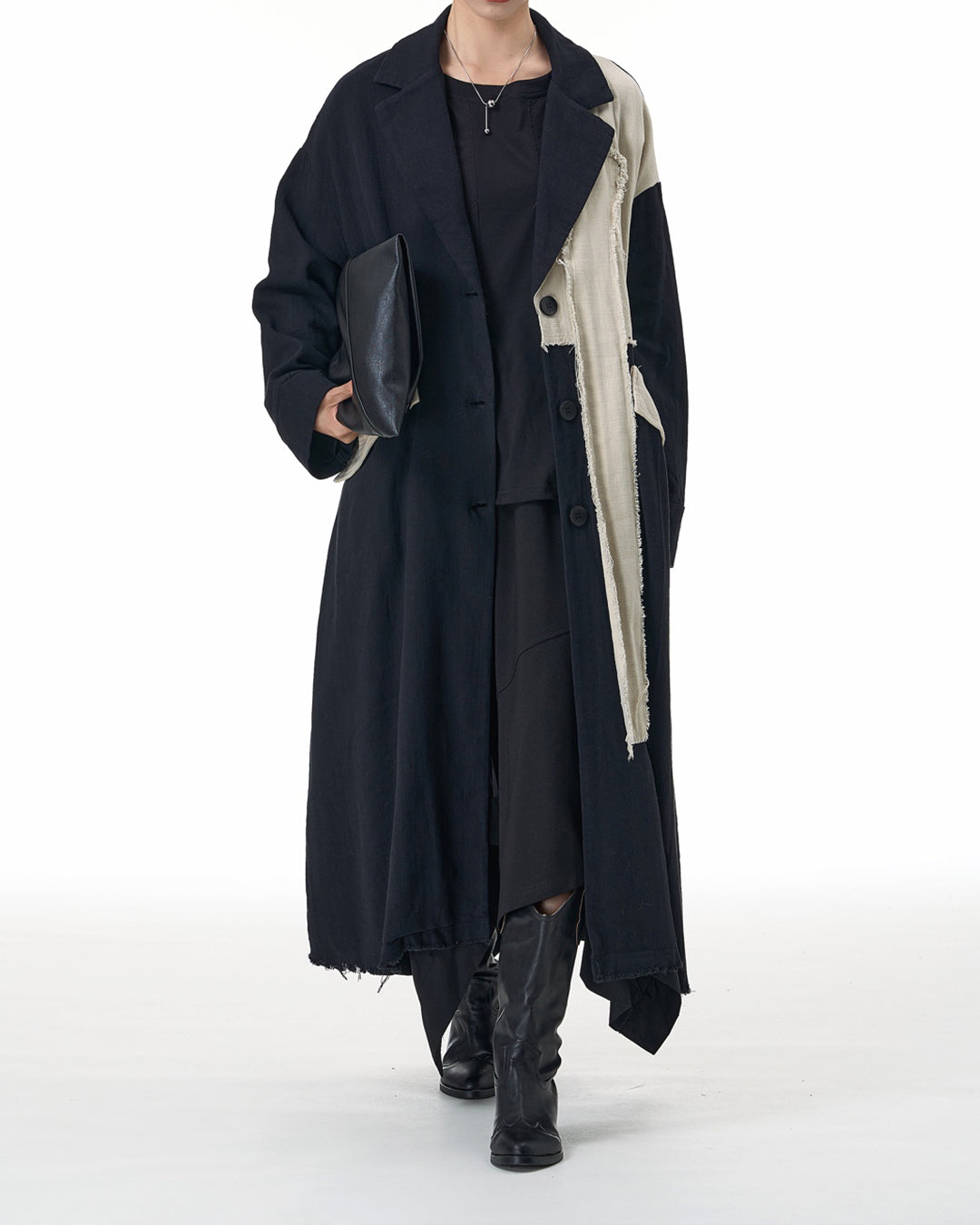 Black and Beige Asymmetric Linen Long Coat