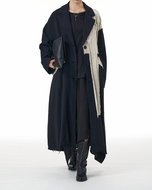 Black and Beige Asymmetric Linen Long Coat