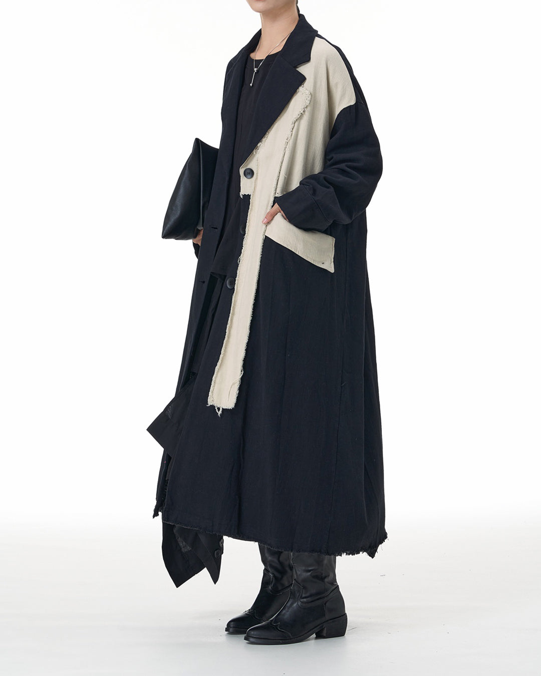 Black and Beige Asymmetric Linen Long Coat