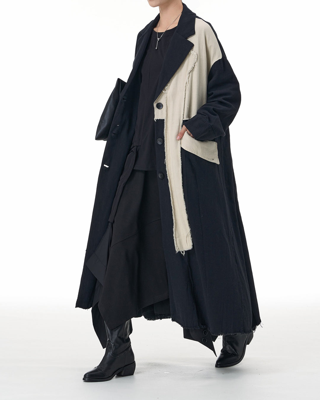 Black and Beige Asymmetric Linen Long Coat