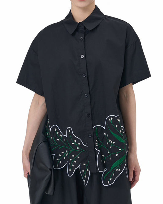 Botanical-Embroidered Cotton Short Sleeves Shirt