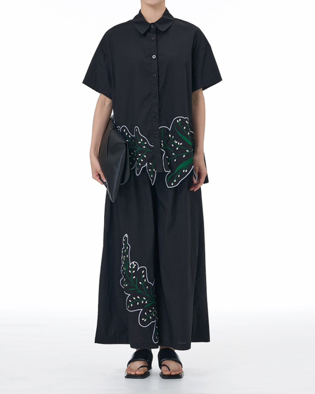 Botanical-Embroidered Cotton Short Sleeves Shirt