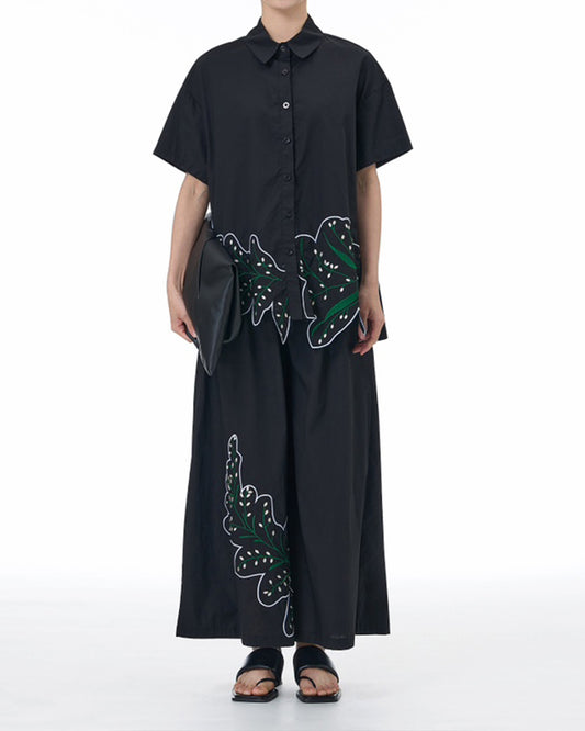 Botanical-Embroidered Cotton Short Sleeves Shirt