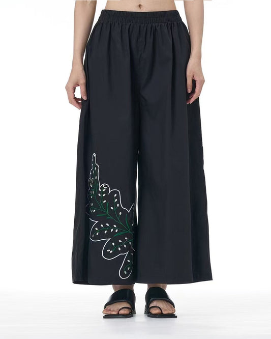 Botanical-Embroidered Cotton Pants