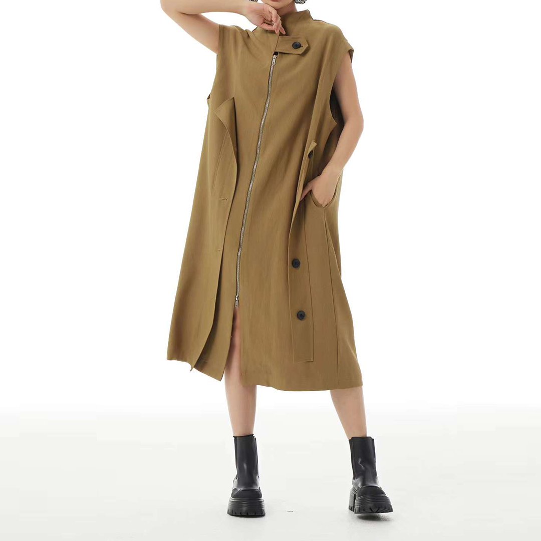 Buttons Deco Zip Sleeveless Zip Dress Available in Two Colours