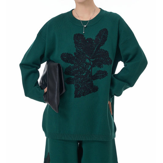 Botanical Embroidered Knit Sweater in Green