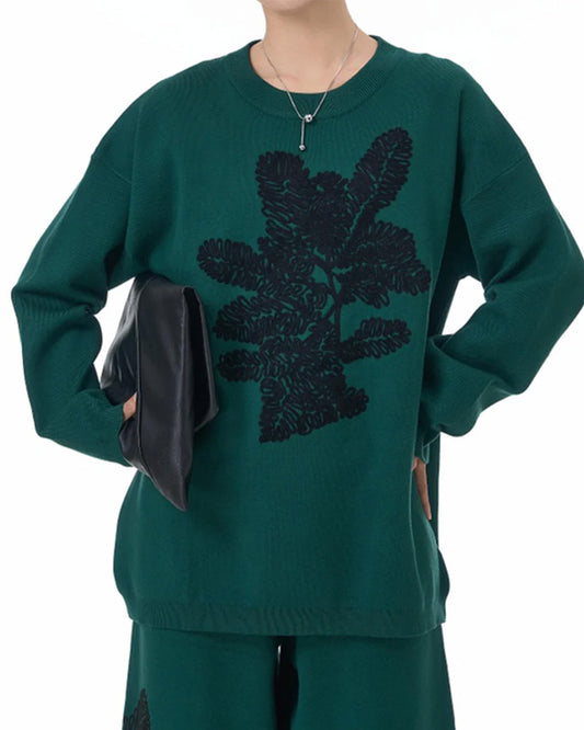 Botanical Embroidered Knit Sweater in Green