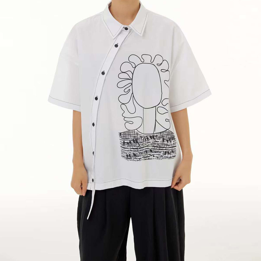 In Stock Contrast Stitch Abstract Portrait Cotton Shirt Available in Two Colours