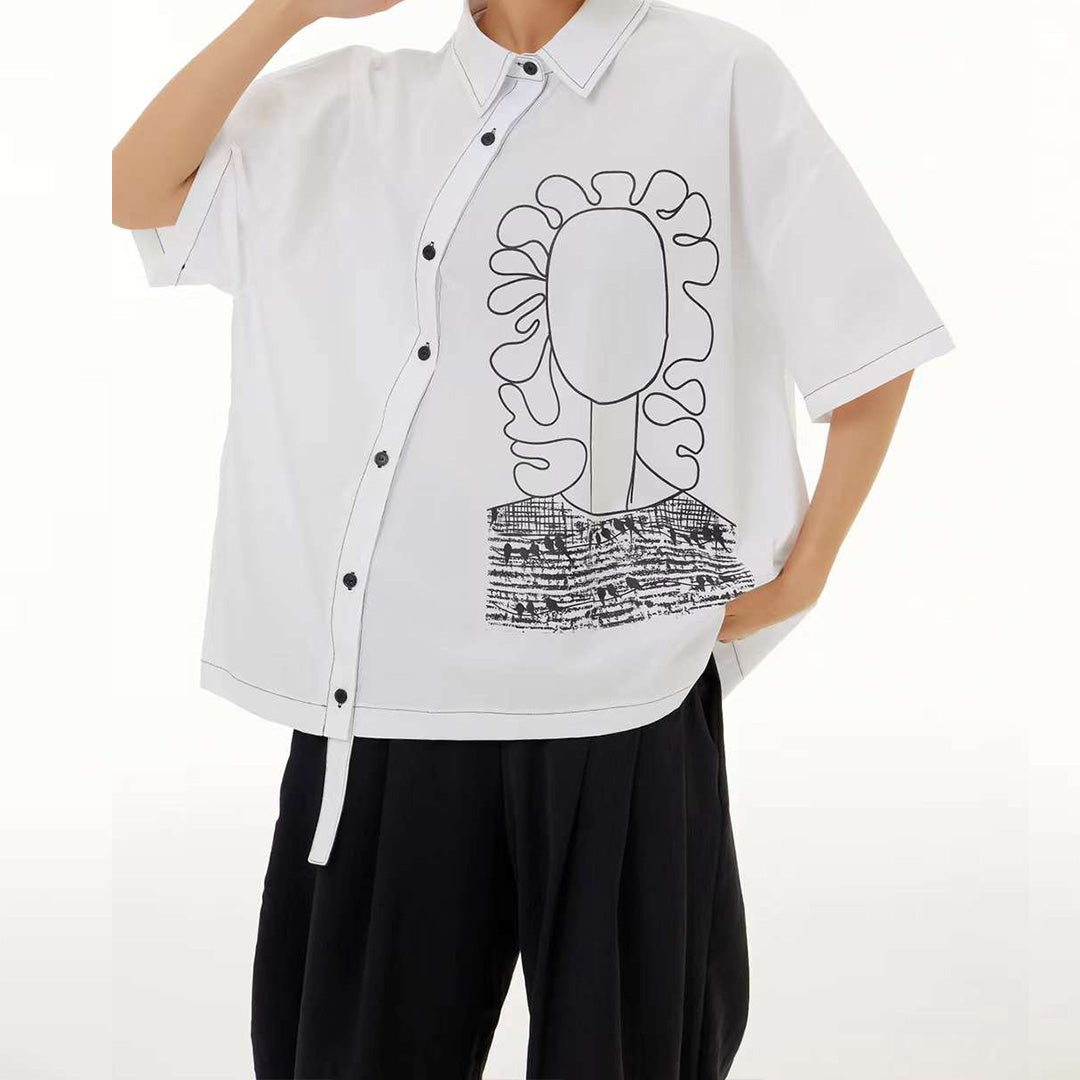 In Stock Contrast Stitch Abstract Portrait Cotton Shirt Available in Two Colours