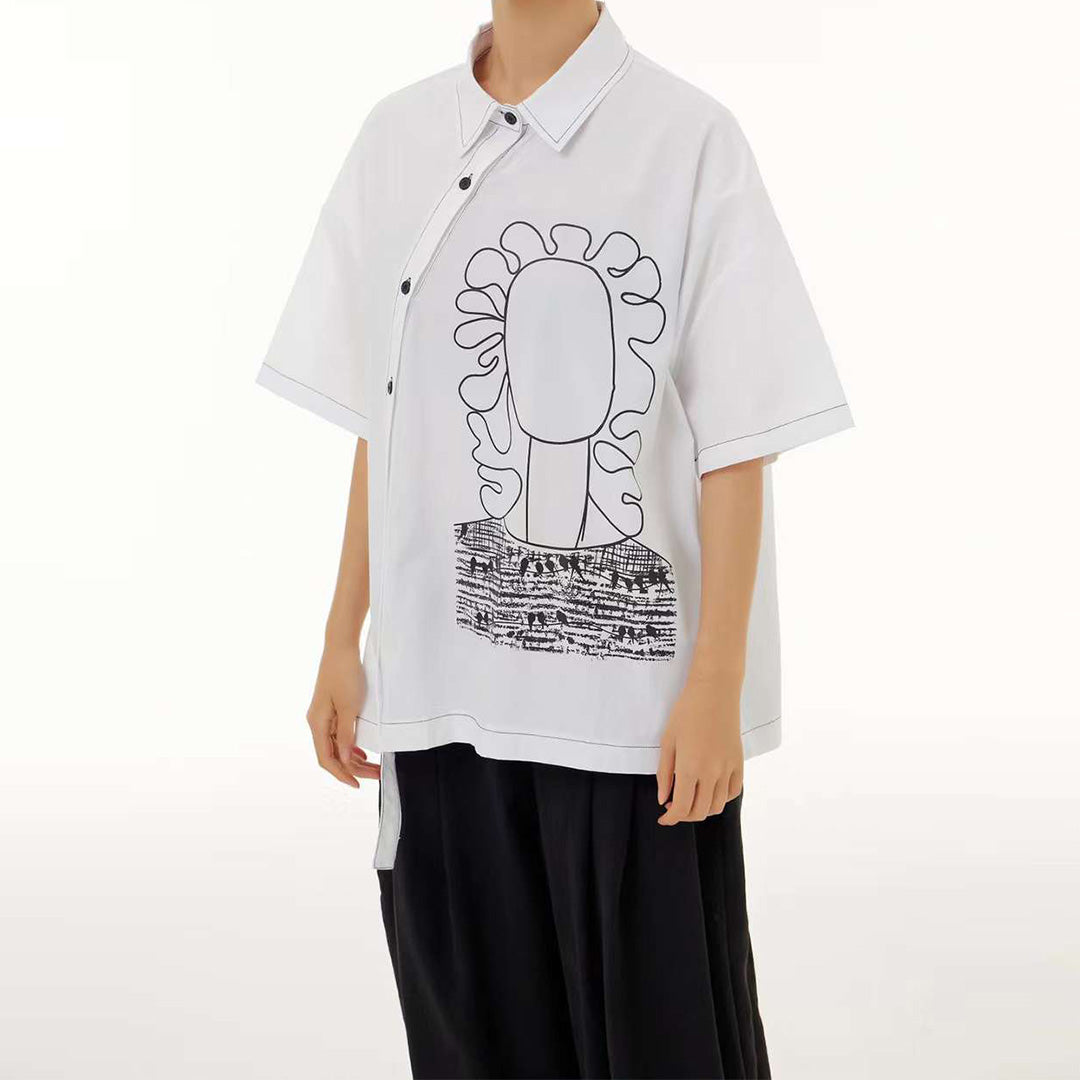 In Stock Contrast Stitch Abstract Portrait Cotton Shirt Available in Two Colours