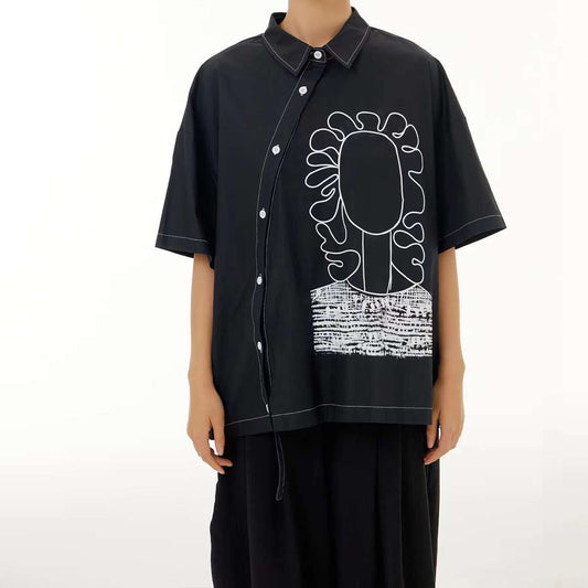 In Stock Contrast Stitch Abstract Portrait Cotton Shirt Available in Two Colours