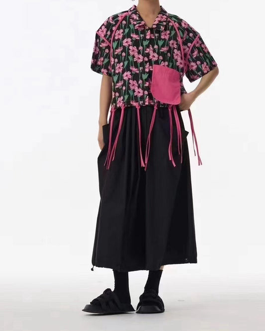 Pre-order Floral Top with Contrast Pocket & Fringed Hem