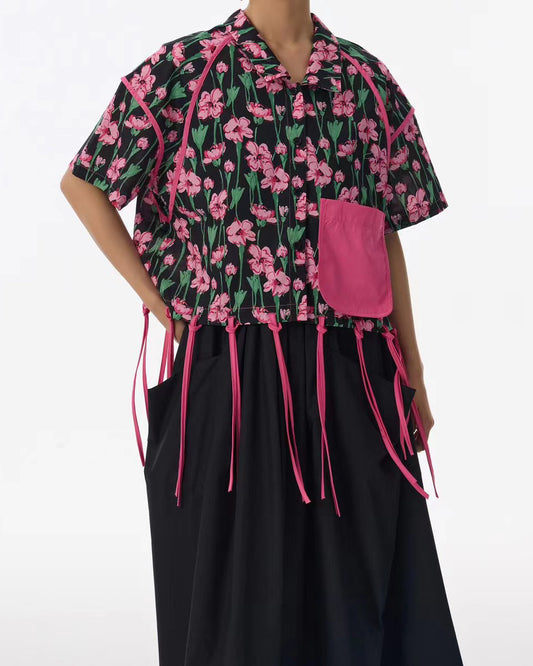 Pre-order Floral Top with Contrast Pocket & Fringed Hem