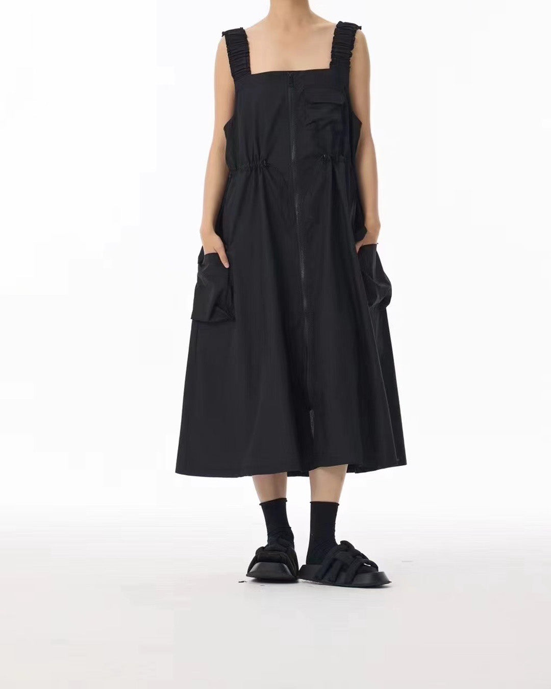 Structured Strap Dress with Bold Zipper Details