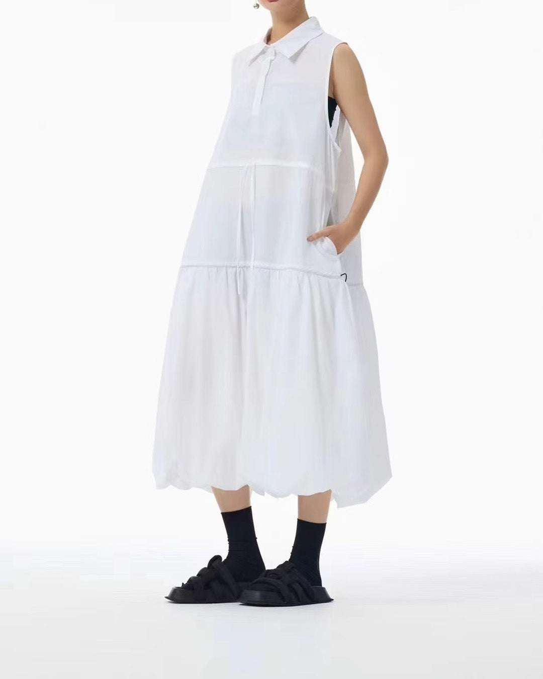 Lantern-Hem Sleeveless Long Dress