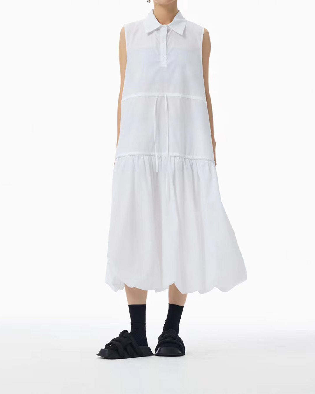 Lantern-Hem Sleeveless Long Dress