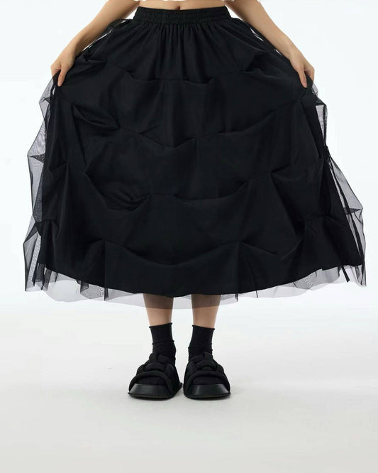 Luxe Mesh Tulle Midi Skirt with 3D Pleats