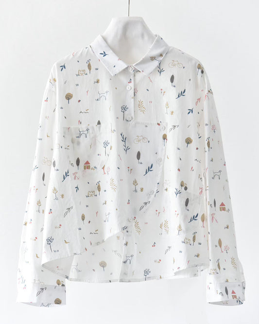 Dog Print Irregular Placket Long-Sleeve Shirt