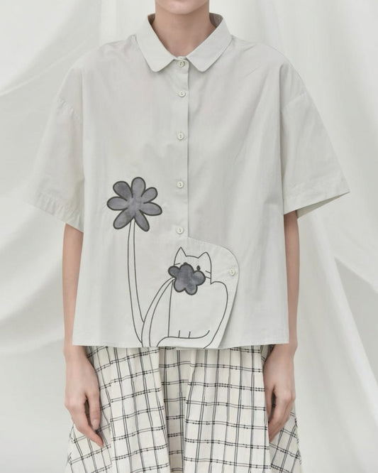 Pre-order Cat & Floral Shirt with Sculptural Placket