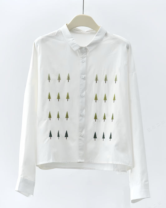 Long-sleeve Cotton Shirt with 3D Tree Graphic Embroidery