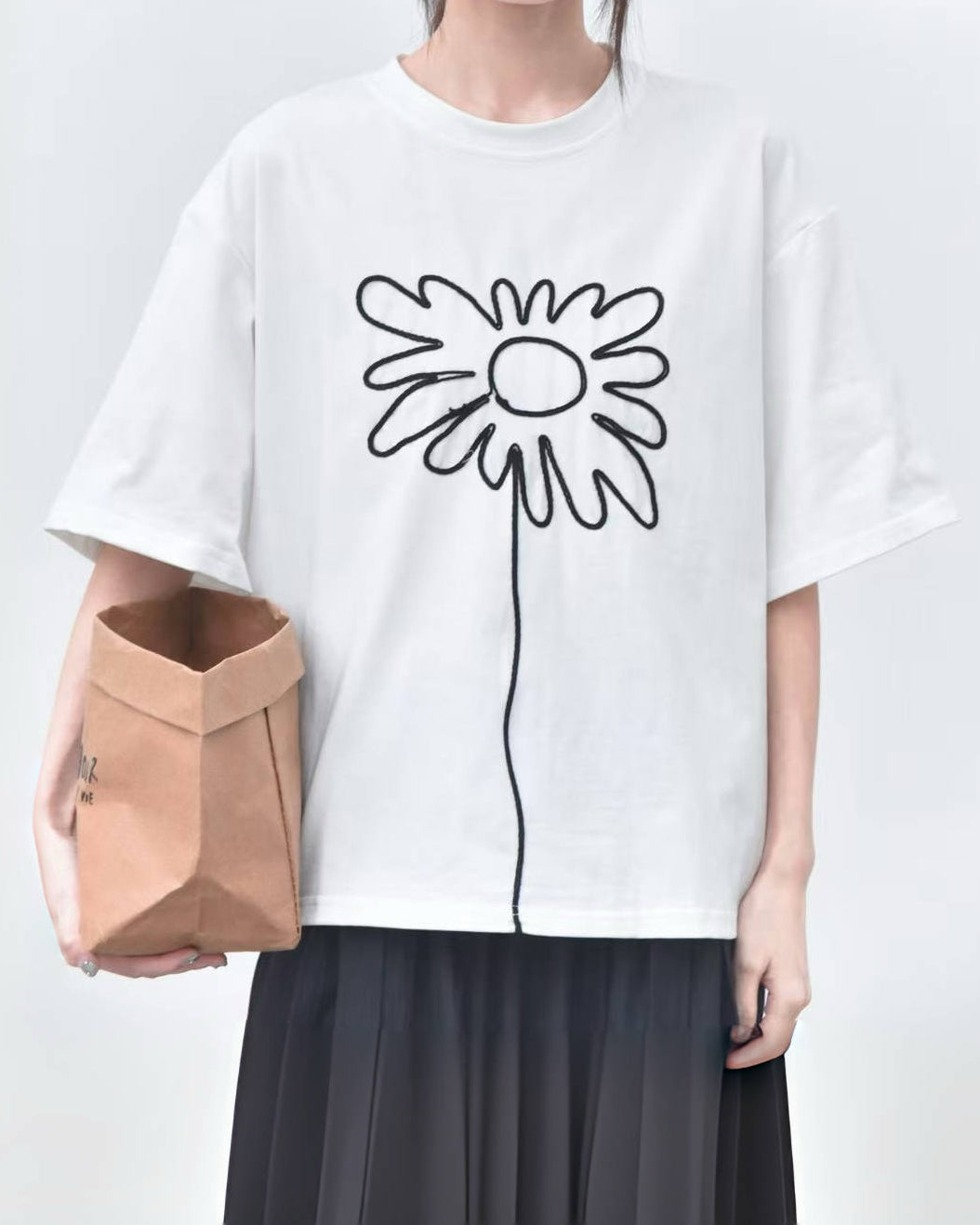 Cotton Crew Neck T-Shirt with 3D Rope-Embroidered Floral Detail