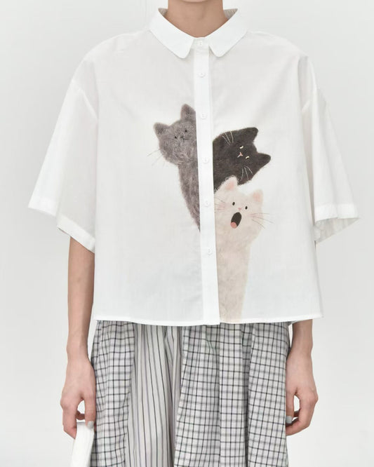 Pre-order Hide-and-Seek Cat Print Short-Sleeve Shirt