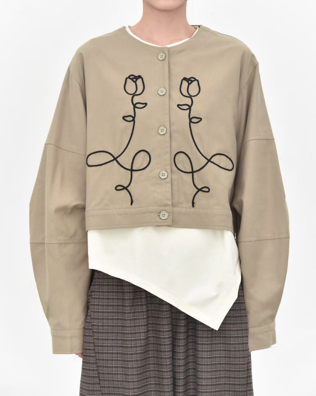 Embroidered Blooming Tulip Crop Jacket with Linen