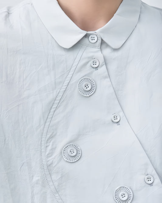 Pre-Order Hand-Appliquéd Shirt with a Scalloped Placket Available in White and Blue