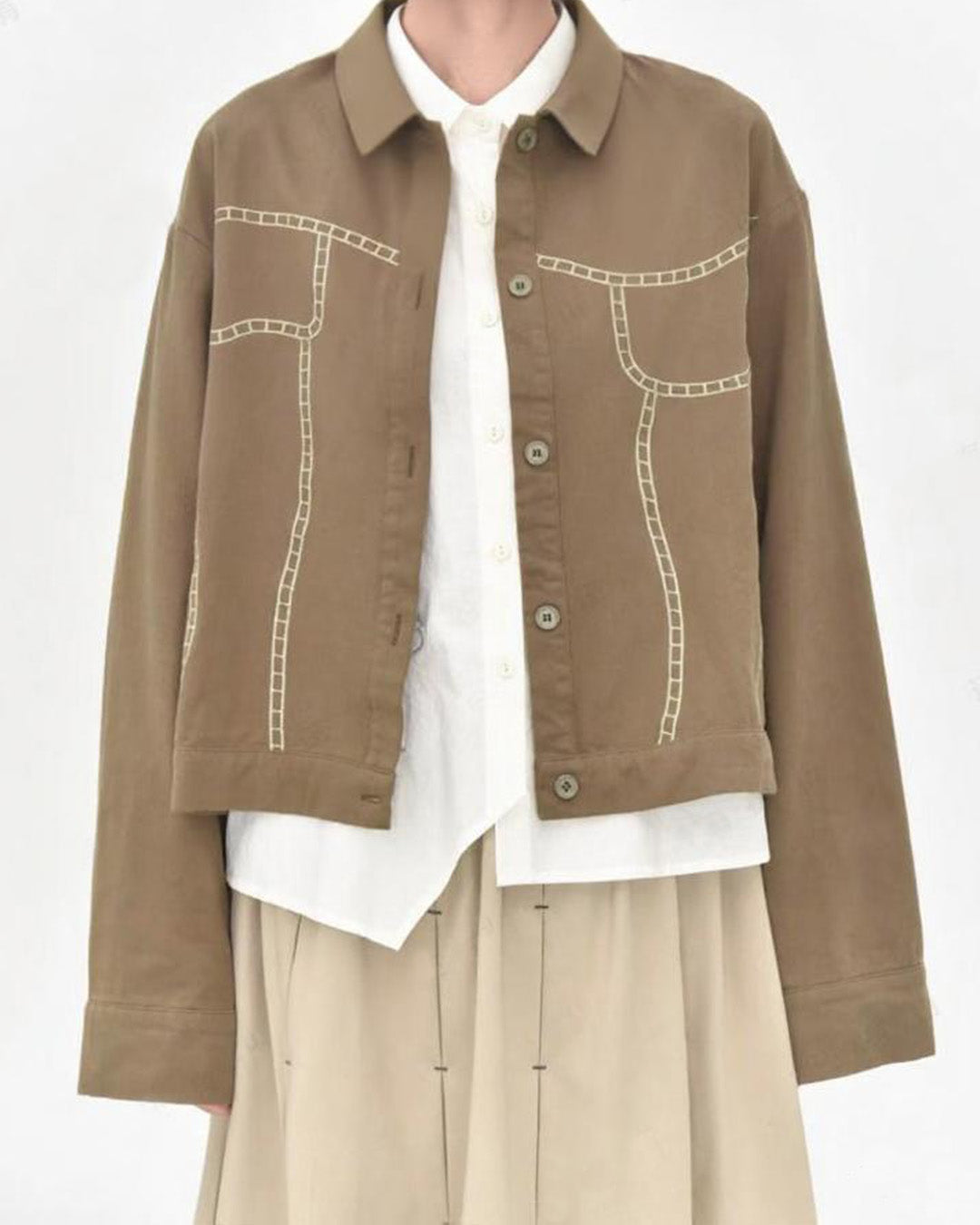 Embroidered Staircase Motif Soft-Wash Crop Jacket