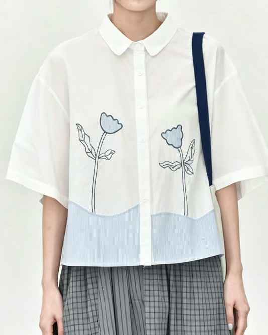 Pre-order Asymmetric Stripe Flower Patchwork Shirt