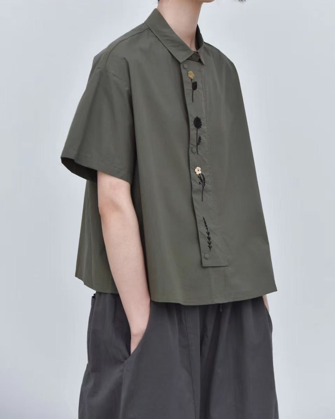 3D Floral Embroidered Cotton Shirt