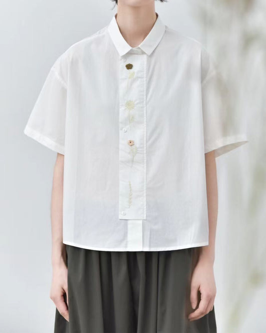 3D Floral Embroidered Cotton Shirt