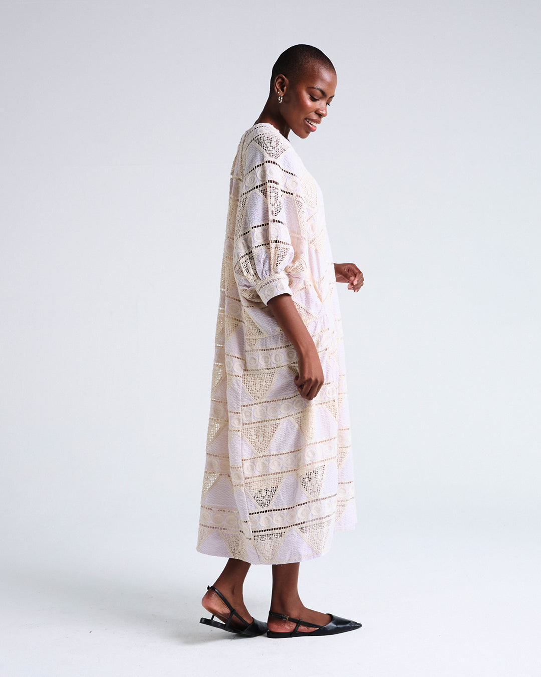 Heavy Lace Cotton Dress in Blush Purple  with Puff  Elbow Sleeves