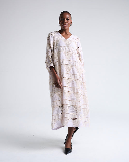 Heavy Lace Cotton Dress in Blush Purple  with Puff  Elbow Sleeves