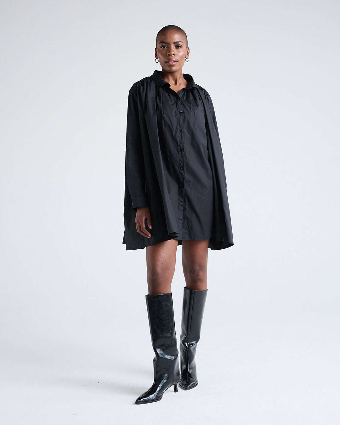 Two Way Sleeves Loose Fit Cotton Long Sleeves Dress in Black