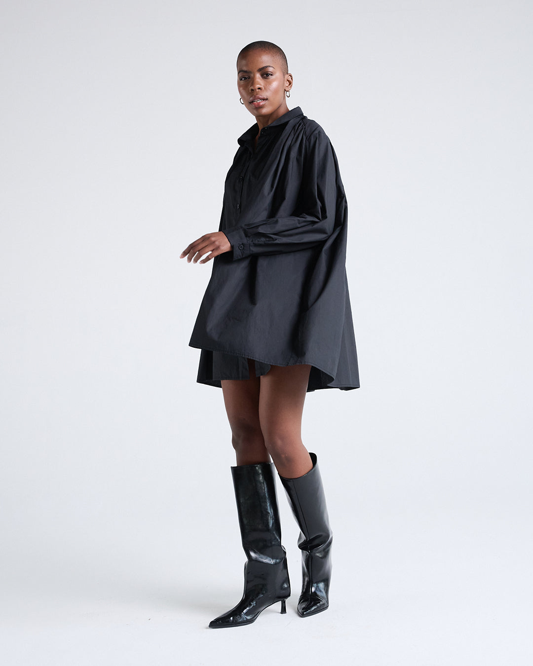 Two Way Sleeves Loose Fit Cotton Long Sleeves Dress in Black
