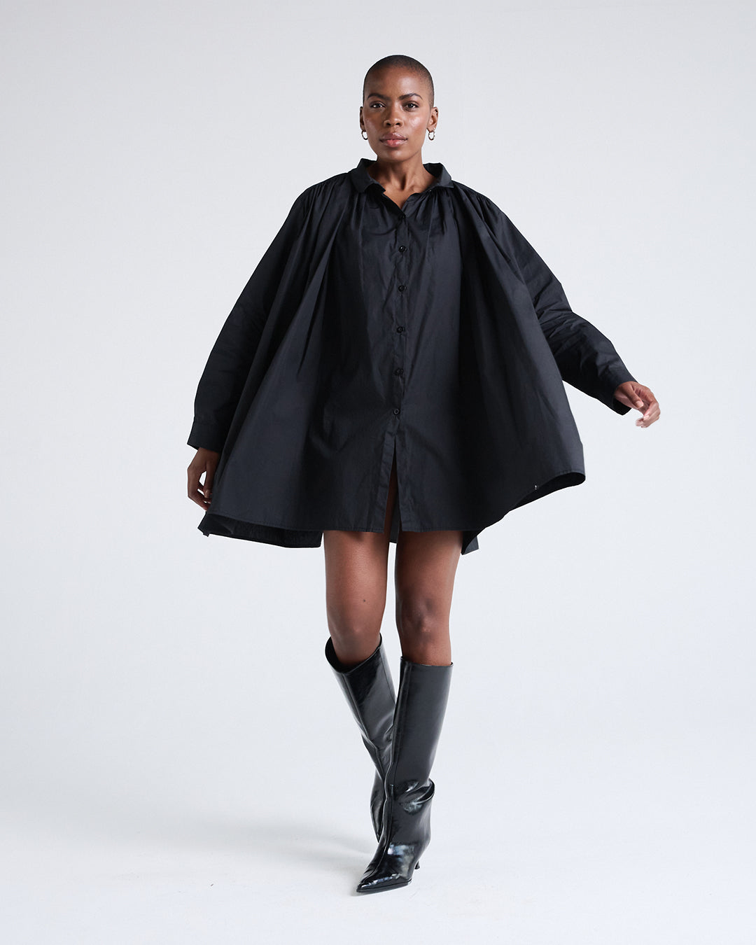 Two Way Sleeves Loose Fit Cotton Long Sleeves Dress in Black