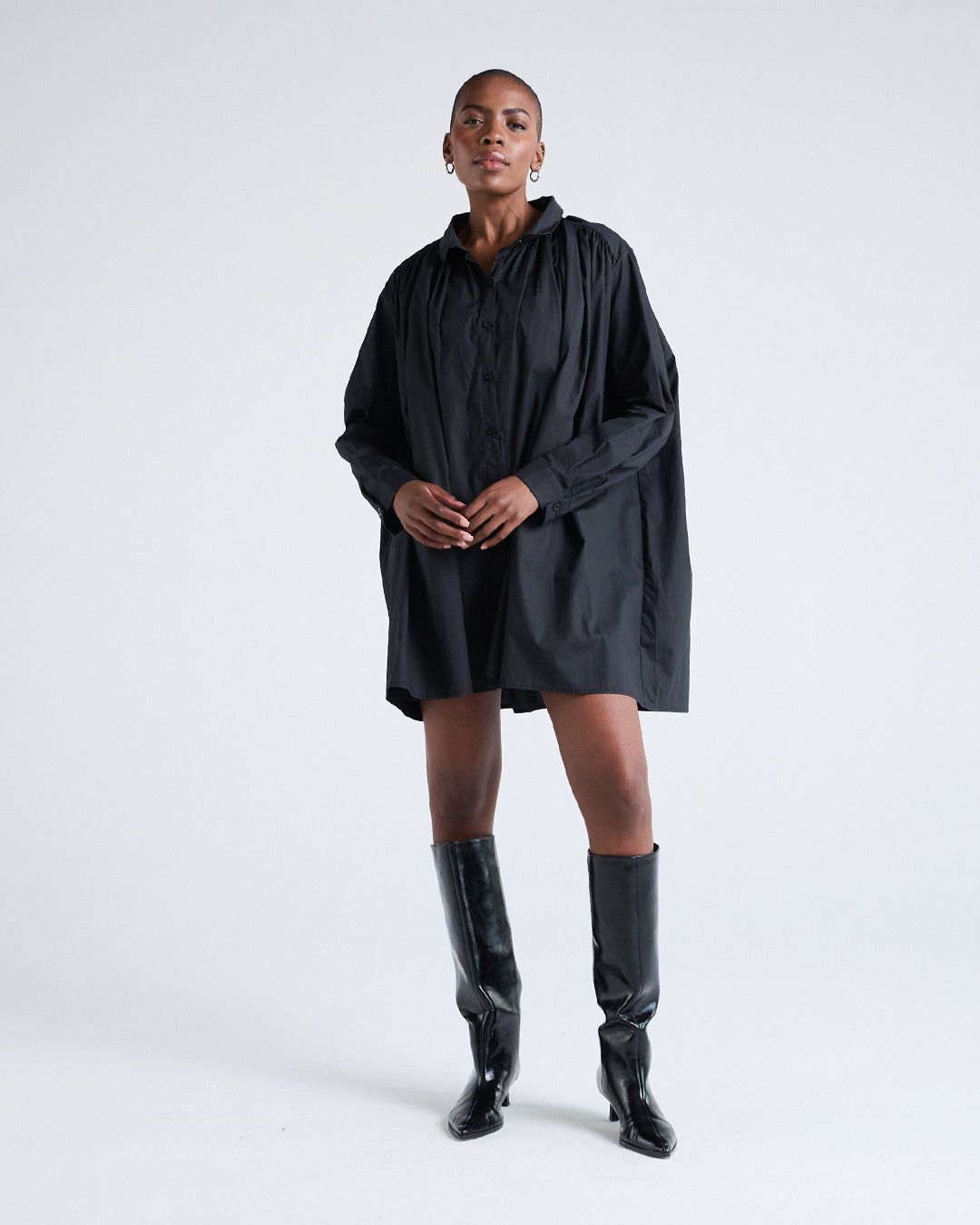 Two Way Sleeves Loose Fit Cotton Long Sleeves Dress in Black