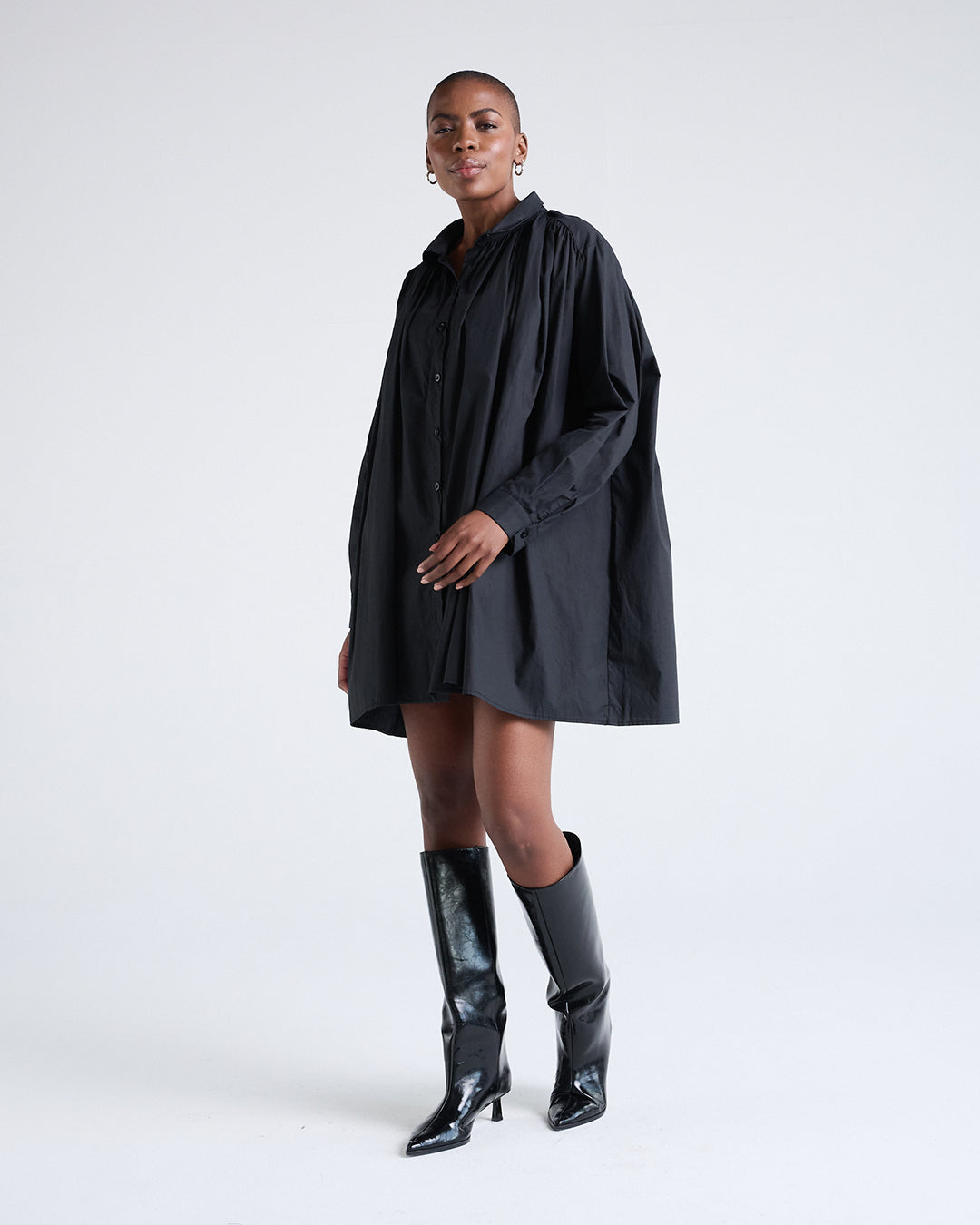 Two Way Sleeves Loose Fit Cotton Long Sleeves Dress in Black